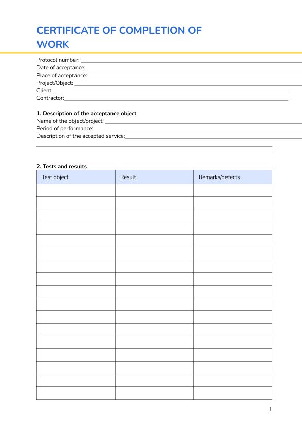 Certificate of completion of work