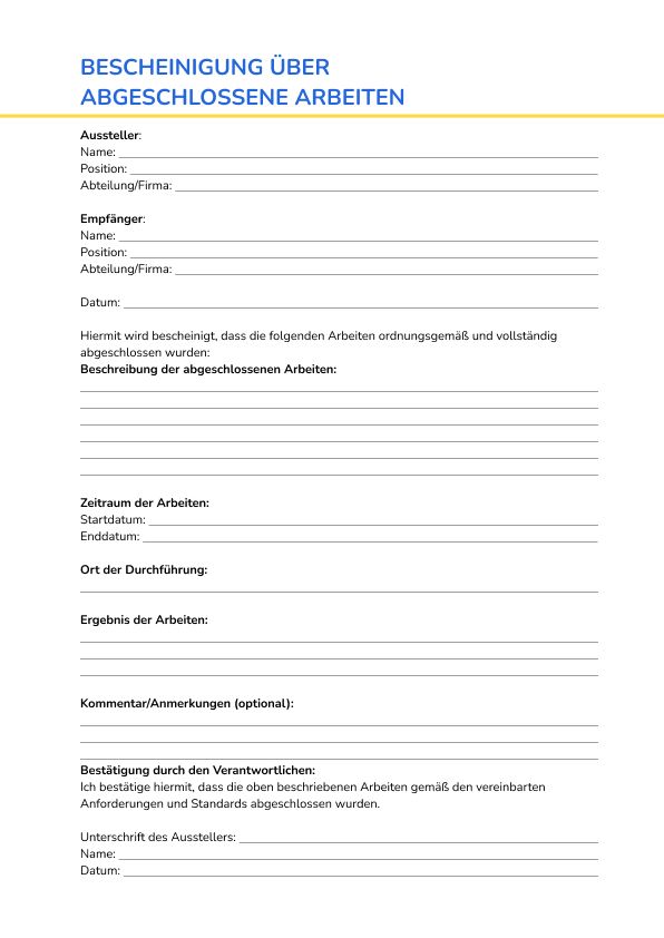 Bescheinigung über abgeschlossene Arbeiten