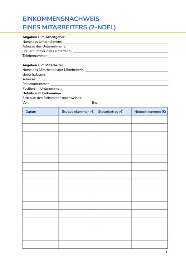 Einkommensnachweis  eines Mitarbeiters (2-NDFL)