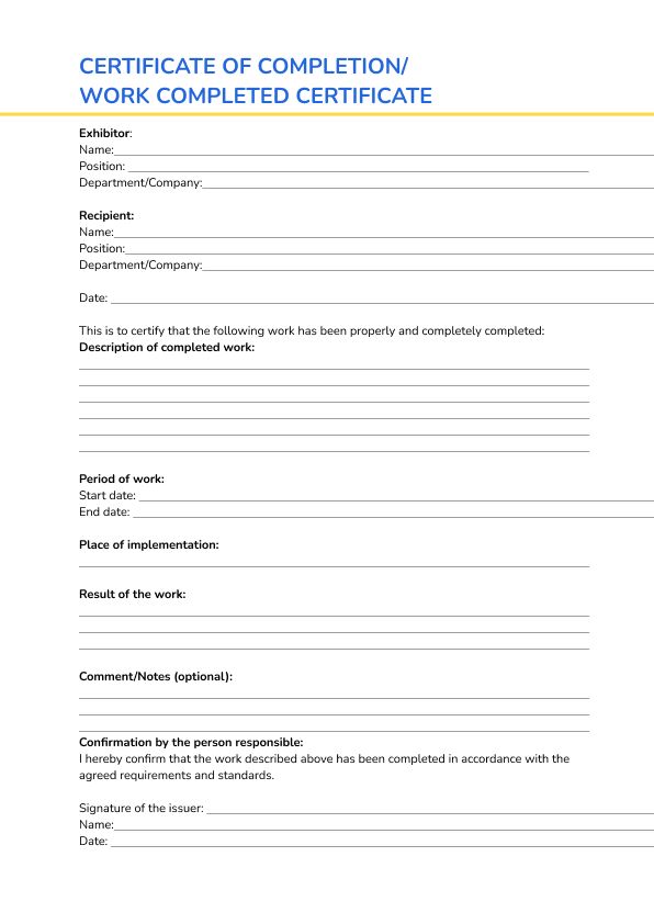 Certificate of Completion/Work Completed Certificate