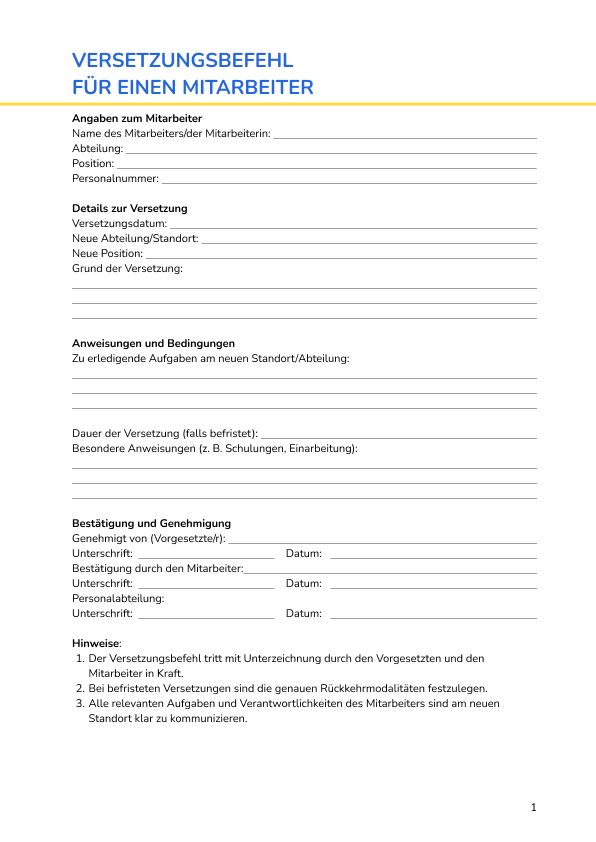 Versetzungsbefehl  für einen Mitarbeiter