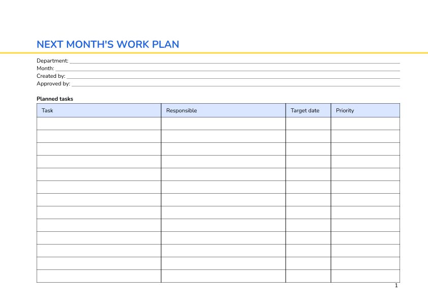 Next month's work plan