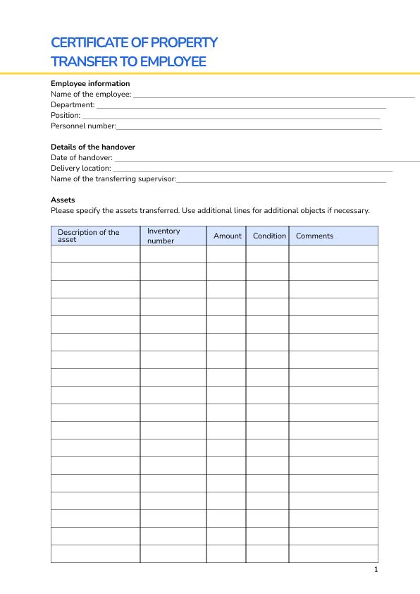 Certificate of property transfer to employee
