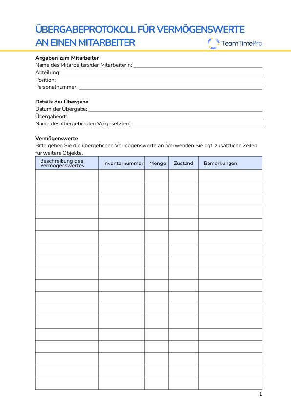 Übergabeprotokoll für Vermögenswerte an einen Mitarbeiter